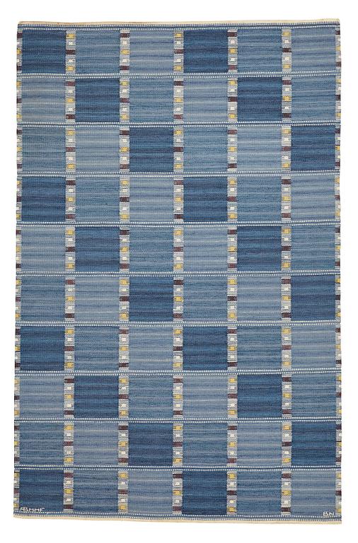 Barbro Nilsson, a carpet, "Falurutan mellanblå", flat weave, ca 257,5-260 x 167-169 cm, signed AB MMF BN.