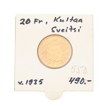 Gold coin, Switzerland, 20 Franc, 1935.