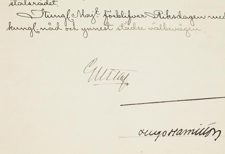 KUNGLIGA AUTOGRAFER, 2 st, av Konung Oscar II i egenskap av riksföreståndare resp Konung Gustav V, dat 1867 resp 1911.