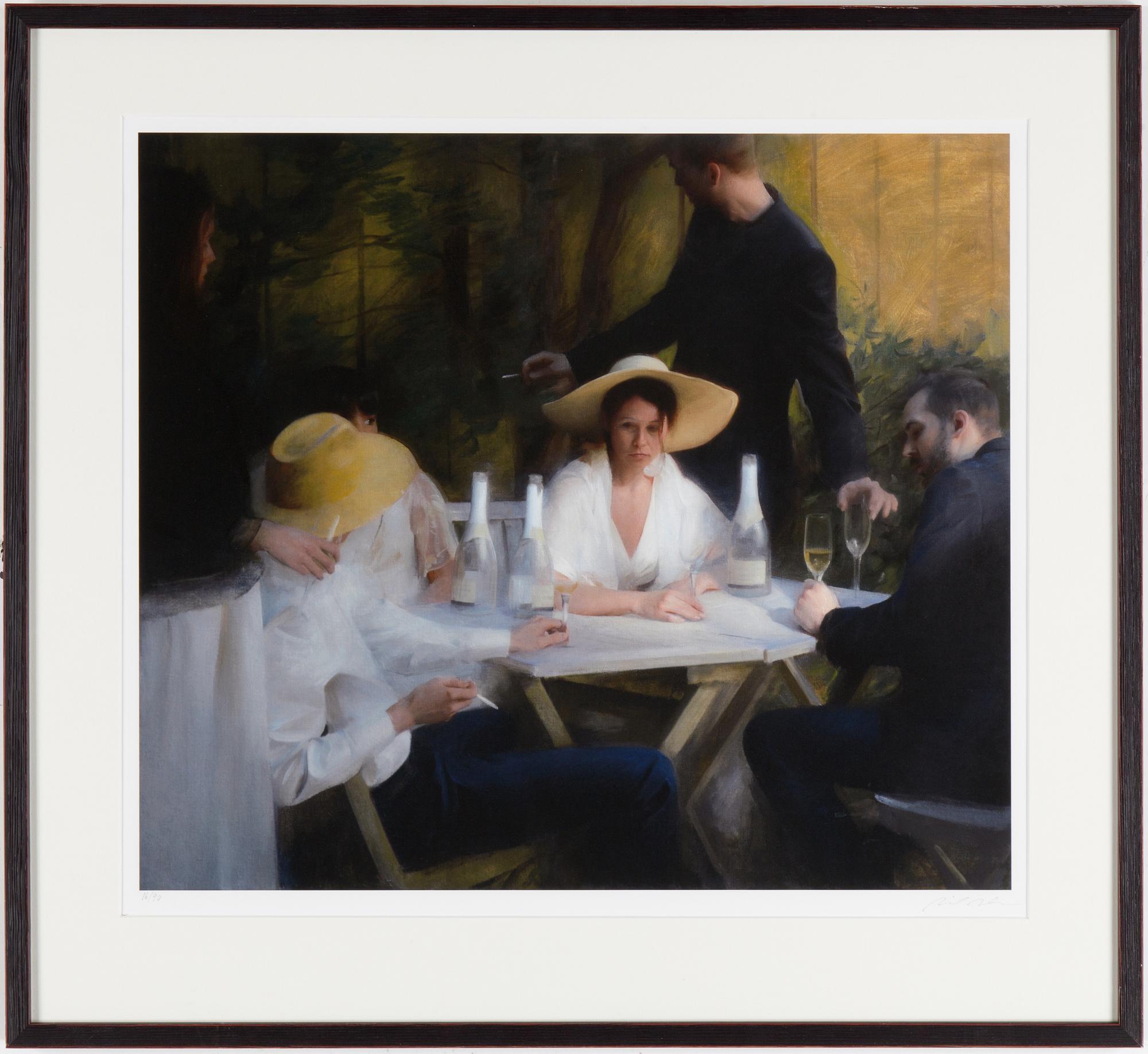NICK ALM, färglitografi, "Champagne breakfast". Signerad och numrerad 16/90.