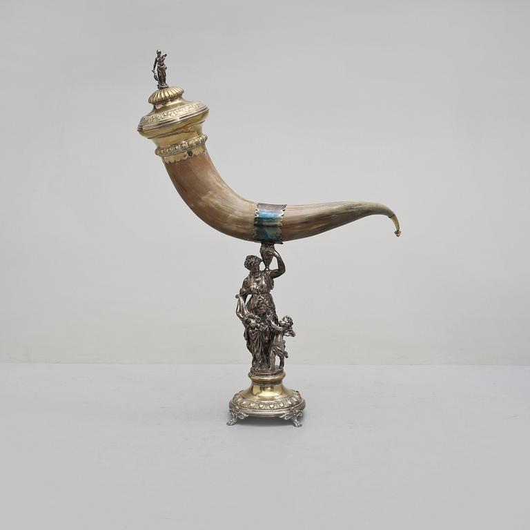 DRYCKESHORN, horn och nysilver, omkring sekelskiftet 1900.