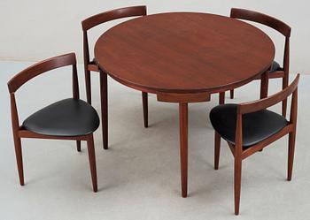 A Hans Olsen teak dining table with four chairs, Frem Røjle, Denmark 1950's.