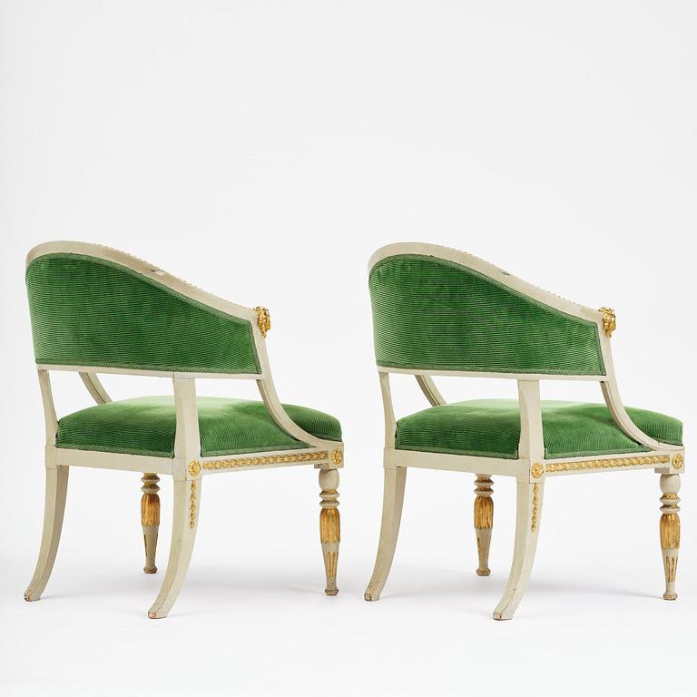 A pair of late Gustavian open armchairs, Stockholm, late 18th century.