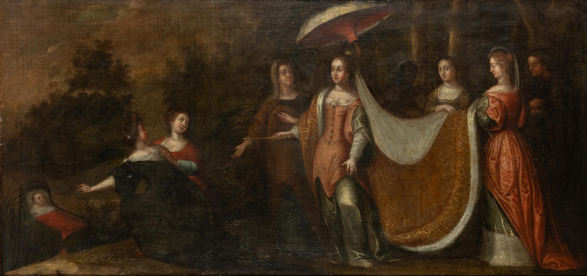 Flemish school, 16th/17th century. Pharaoh's daughter finds Moses.