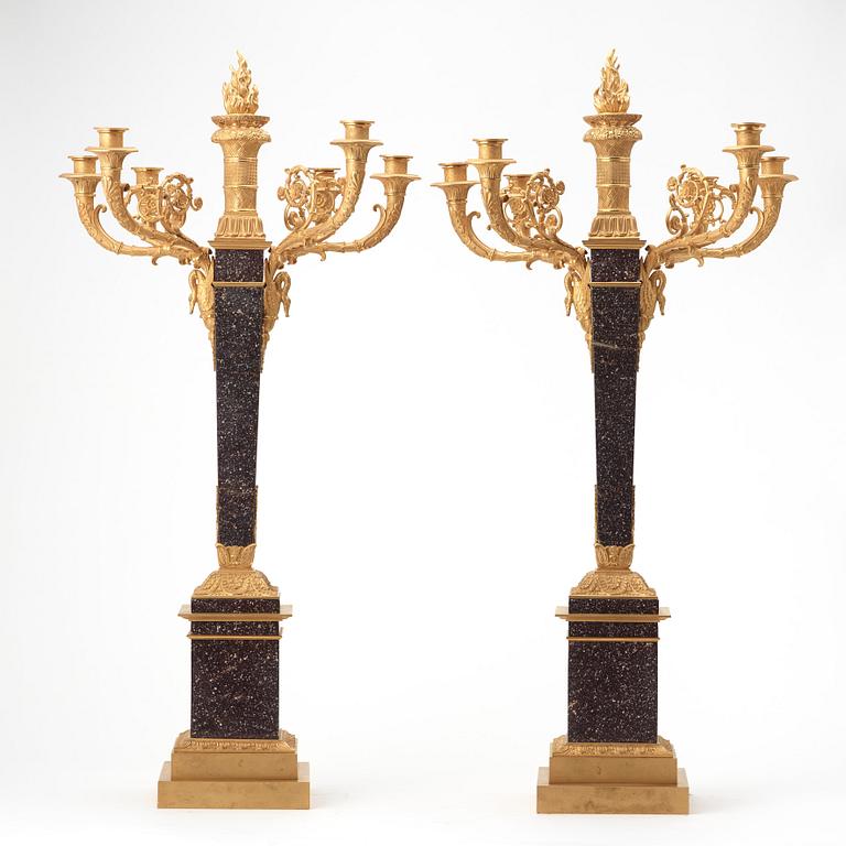 A pair of Empire style circa 1900 six-light candelabra.