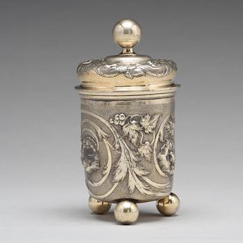 A Russian 19th century parcel-gilt silver beaker and cover, Moscow 1857.