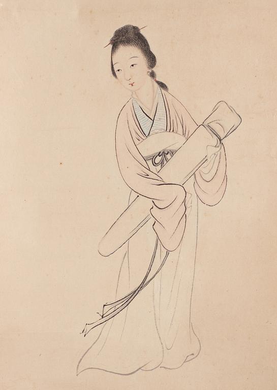 A Chinese scroll painting of a lady with a wrapped Qin, late Qing dynasty.