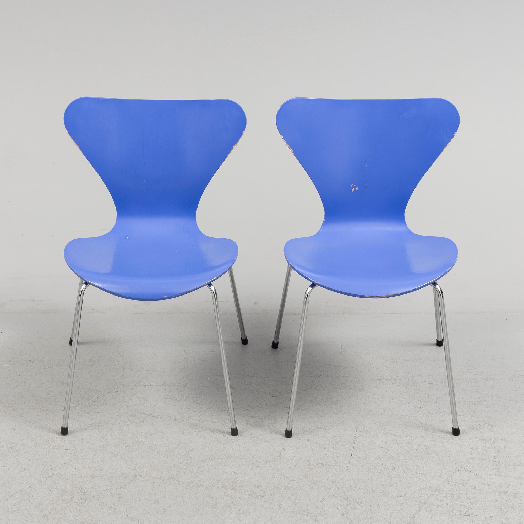 ARNE JACOBSEN, STOLAR, 6 st, "Sjuan", märkta, Fritz Hansen, Danmark, 1980-tal.