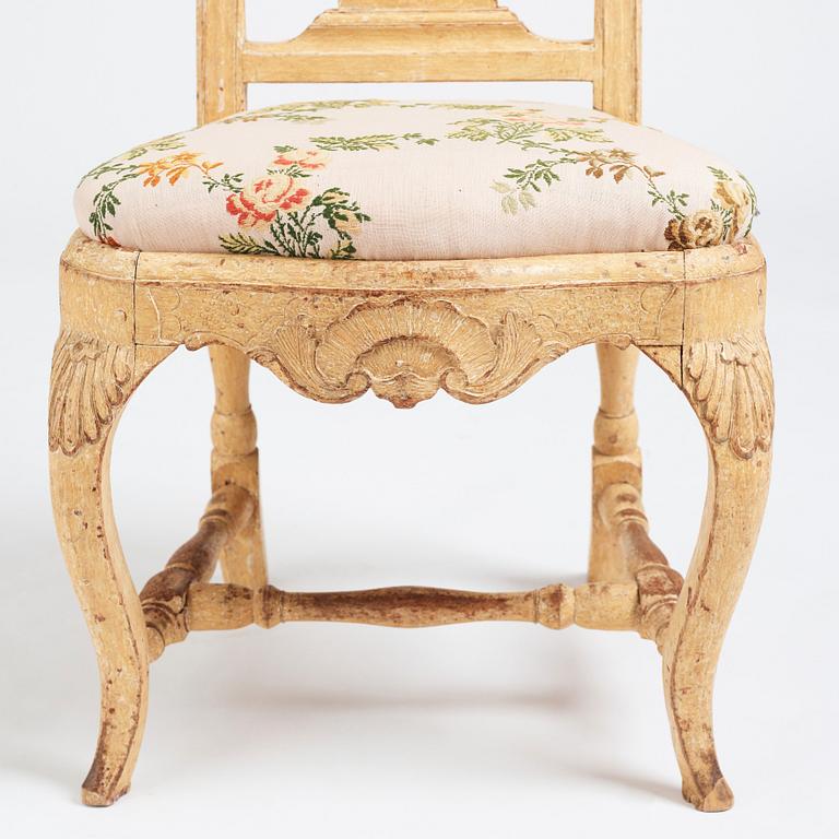 A set of five (3+2) rococo chairs attributed to J. E. Höglander (master in Stockholm 1777-1813).