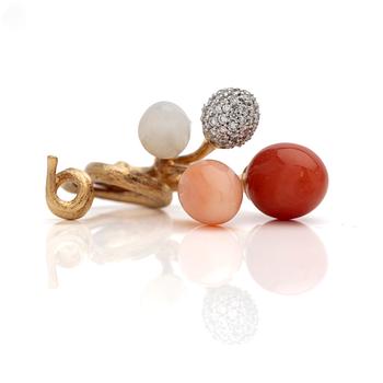 Ole Lynggaard, Pendant, 18K rose gold with red and pink coral, white moonstone and brilliant-cut diamonds, designed by Charlotte Lynggaard.