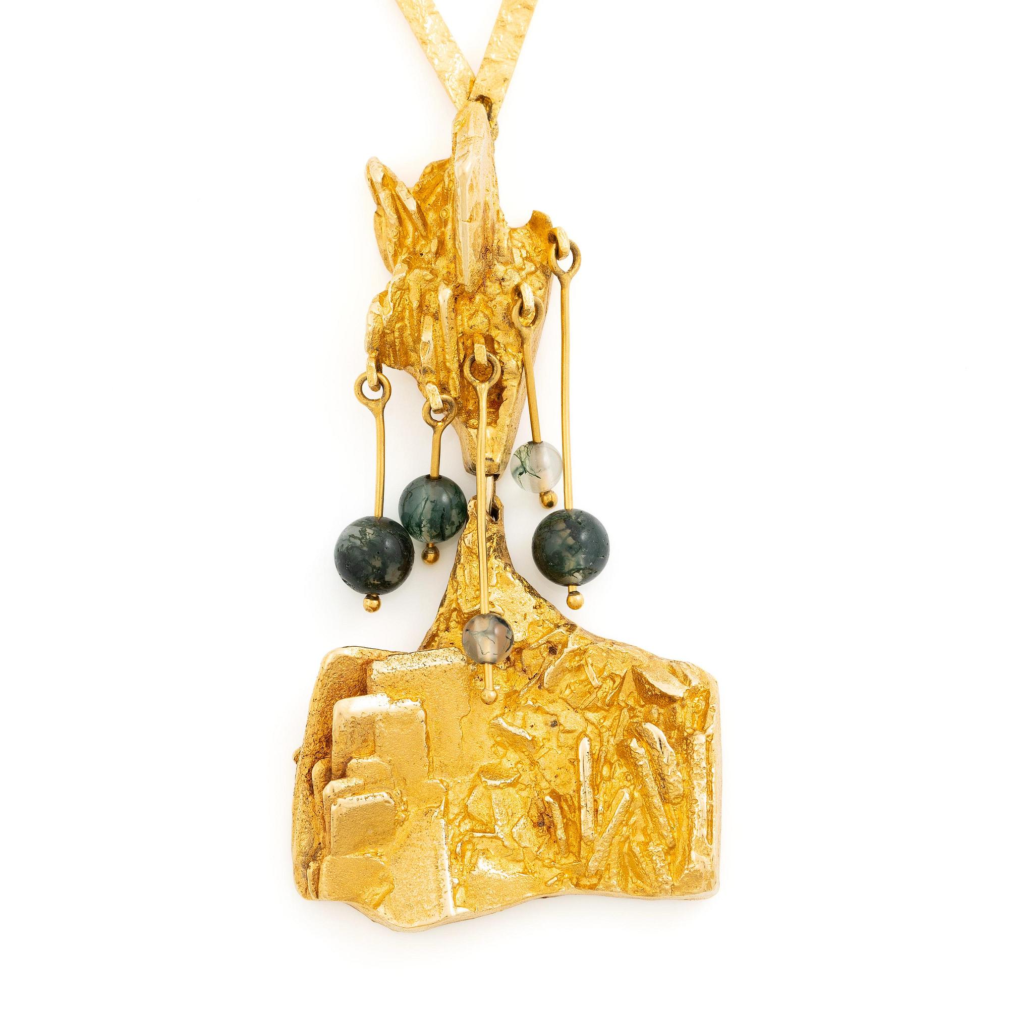 Björn Weckström, a necklace "Rain in the mountains", 18K gold with moss agate, Finland. For Lapponia.