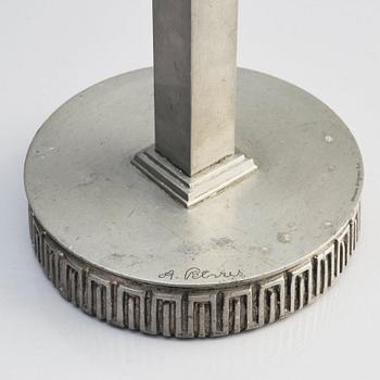 Anna Petrus, a pair of pewter and brass candlesticks, Herman Bergman's foundry, Stockholm, Swedish Grace, early 1920s.