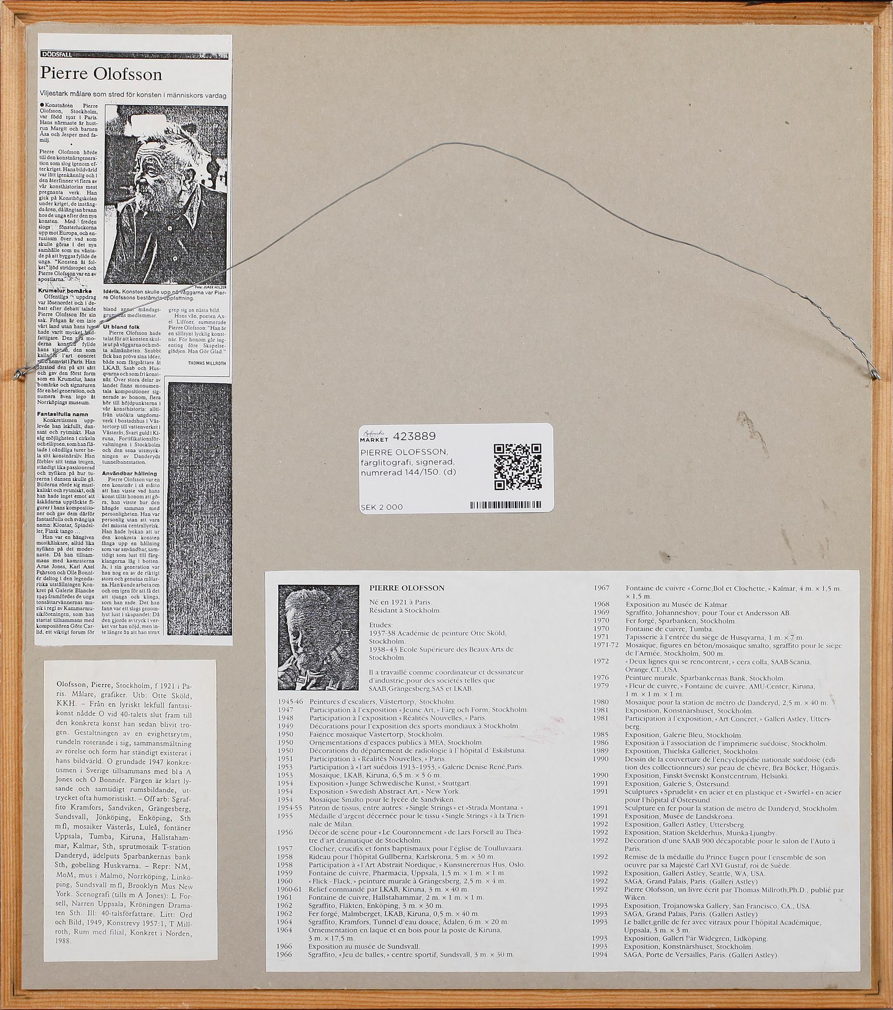 PIERRE OLOFSSON, färglitografi, signerad, numrerad 144/150.