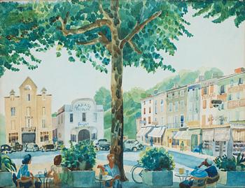 Josef Frank, a watercolour, a scene from a café in a French village, not signed.