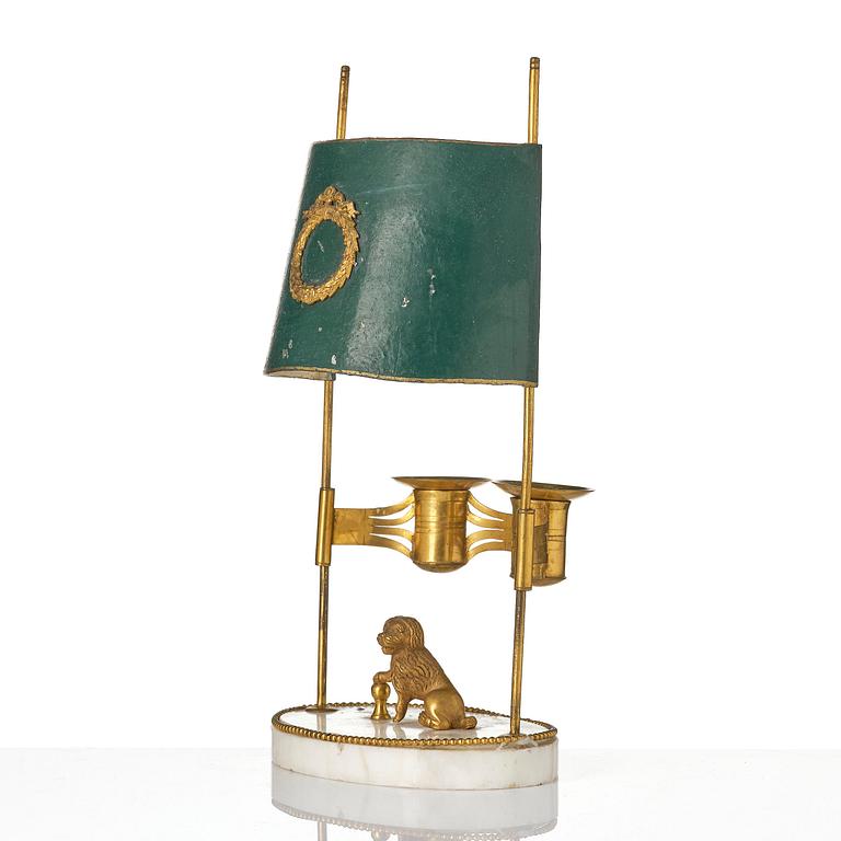 A late Gustavian gilt brass, marble and tole reading lamp, late 18th century.