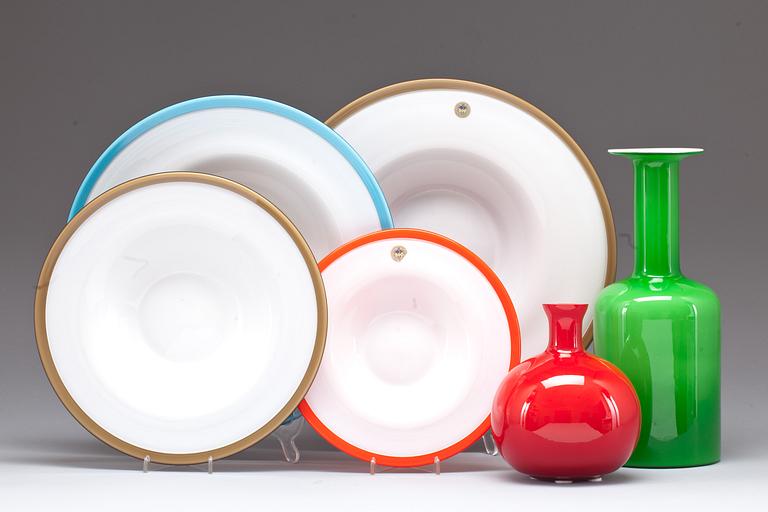 VASER, 2 st samt FAT, 4 st, glas, Holmegaard, 1900-tal.