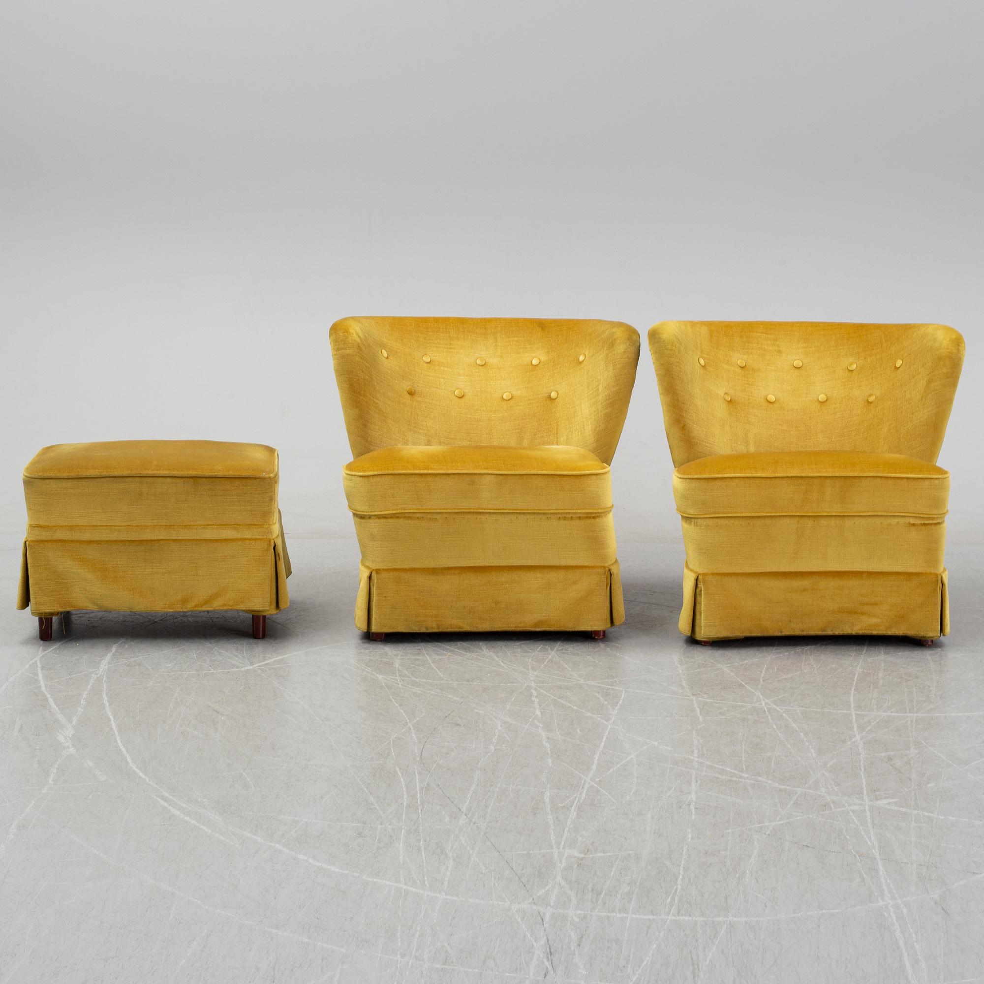 A pair Swedish Modern lounge chairs and a stool, 1940's/50's, the model has been marketed by Gösta Jonsson.