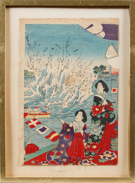 JAPANSKA TRÄSNITT 5st, bl.a. Chikanobu, 1800- / tidigt 1900-tal.