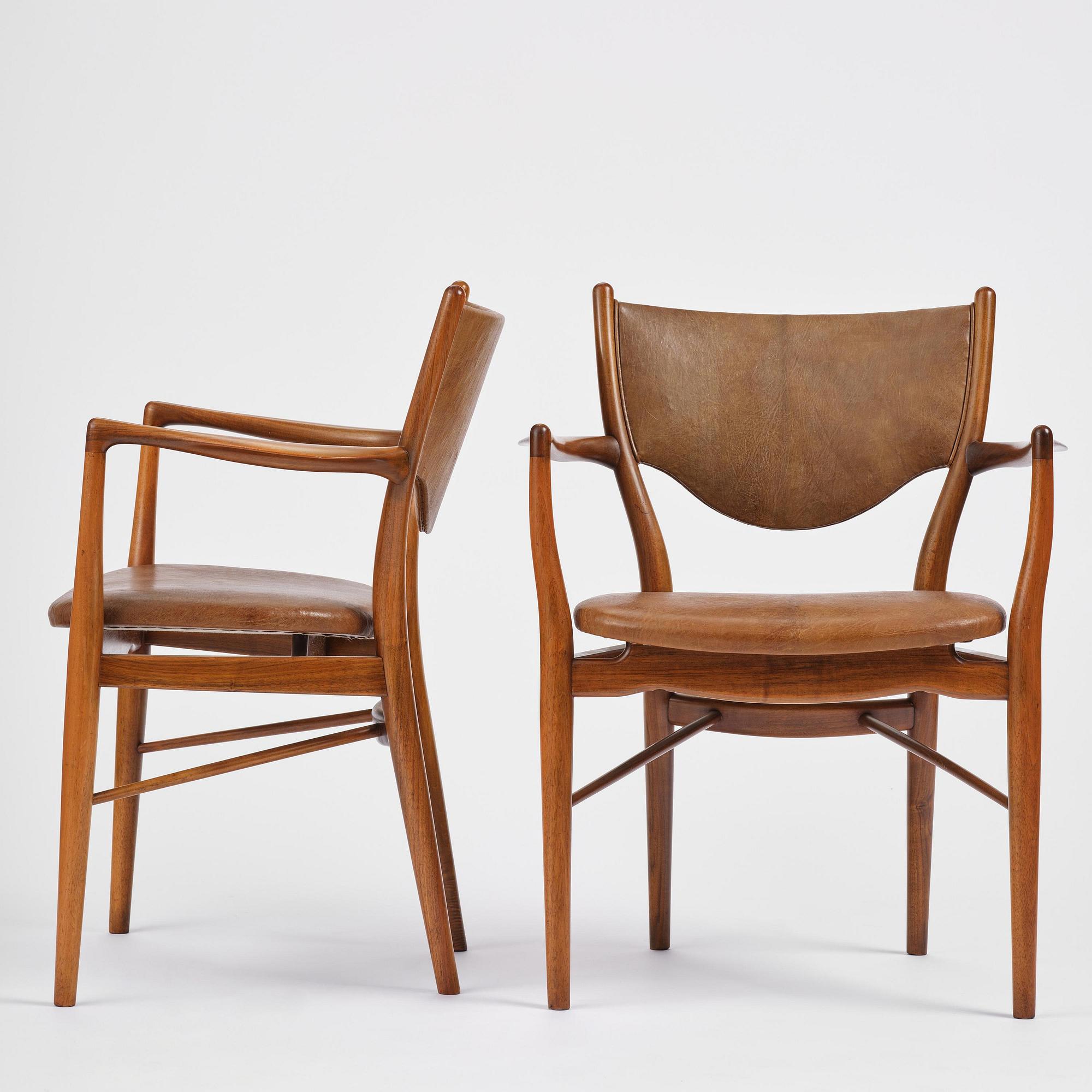 Finn Juhl, a set of four chairs and a pair of armchairs, model "Bo-63" and "Bo-72", Bovirke, Denmark, 1950s-60s.
