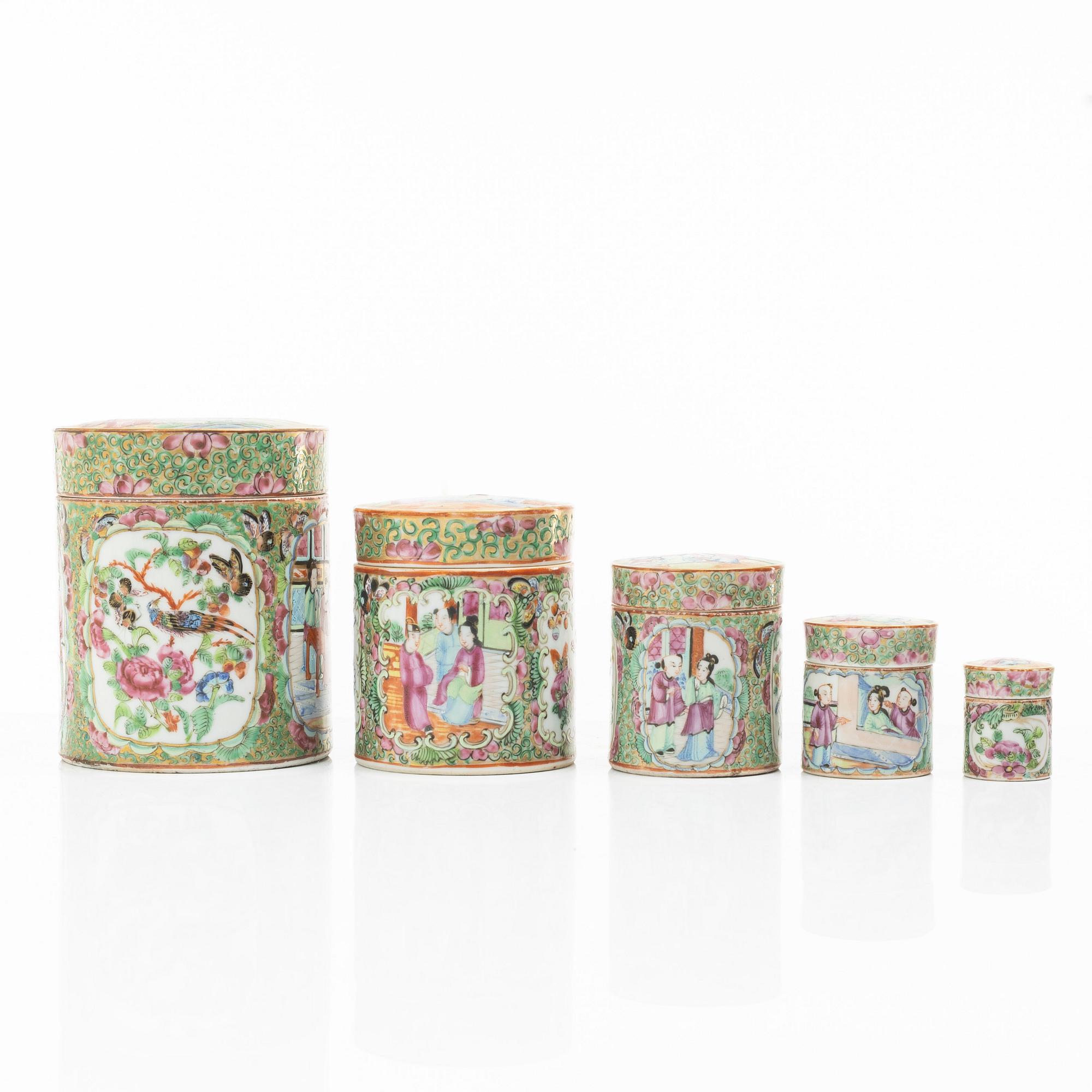 A five piece famille rose Canton box set, Qing dynasty, 19th century.