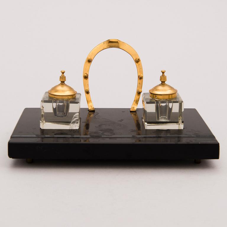 A late 19th Century Desk Set, 6 pcs in brass and stone, incl ink stand and a pair of candle sticks.