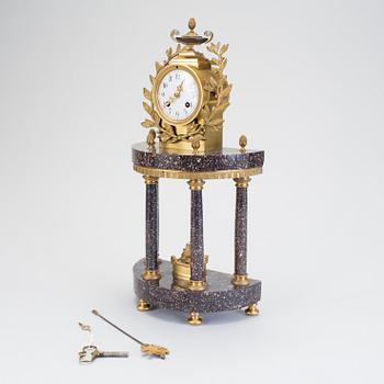 A Swedish Gustavian style porphyry and gilt bronze mantel clock from around year 1900.