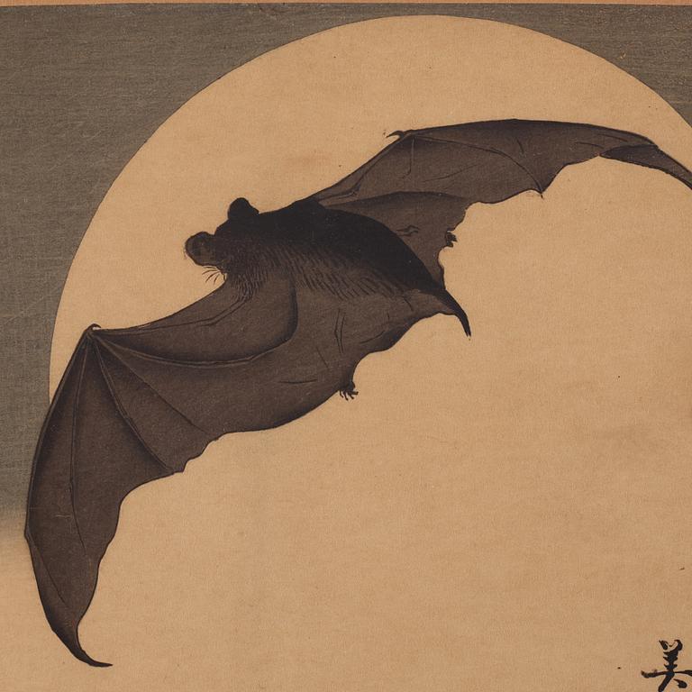 Biho Takashi (active ca. 1890-1930), "Bat in Moon"/"Bat against full Moon", woodblock print in colours and ink, ca 1905.