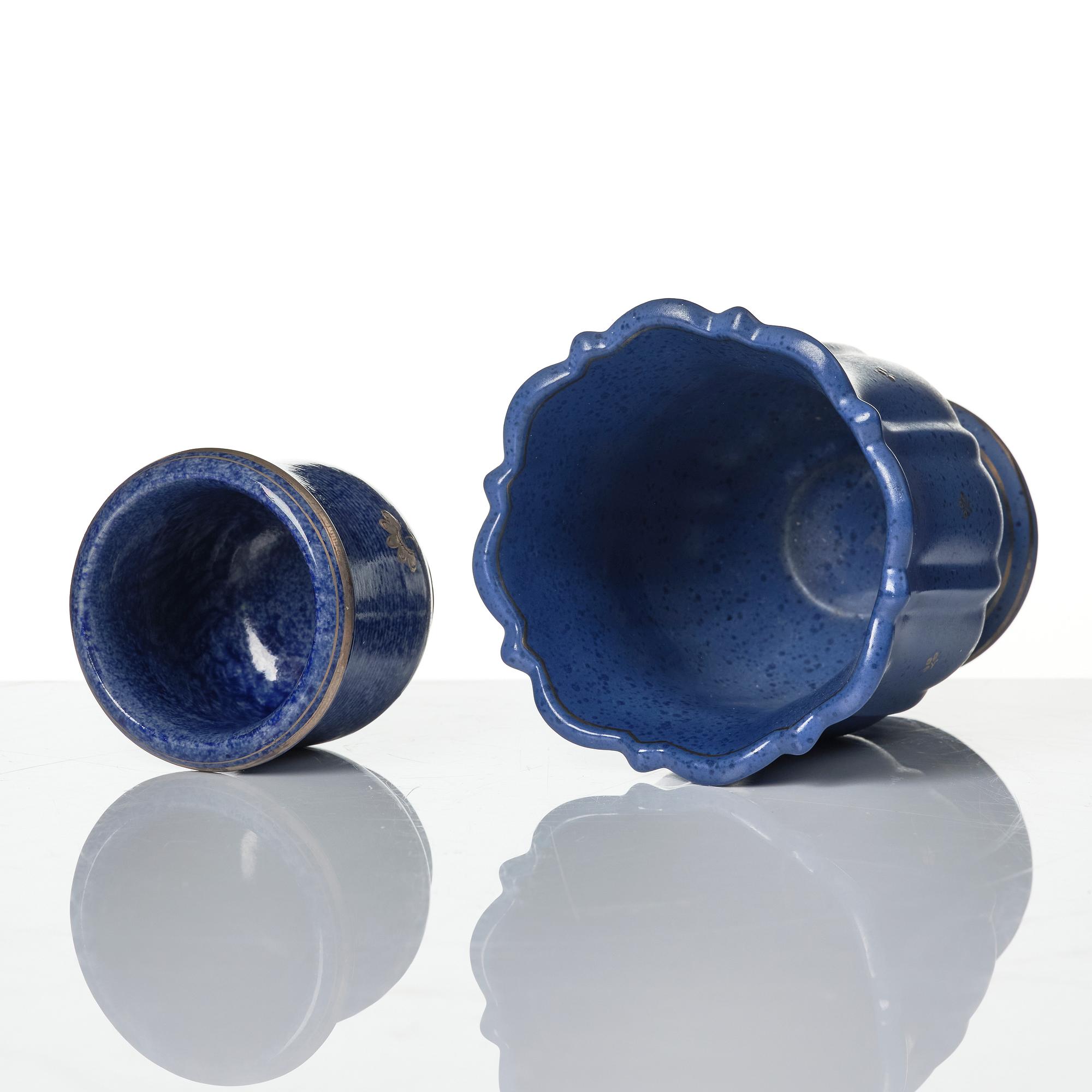 Wilhelm Kåge, a set of two Argenta stoneware vases, two dishes and a bowl with lid, Gustavsberg 1930s-50s.
