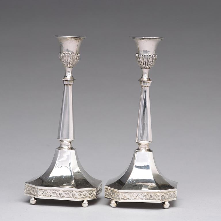 A pair of Swedish 18th century silver candlesticks, mark of Johan F Wildt, Stockholm 1797.