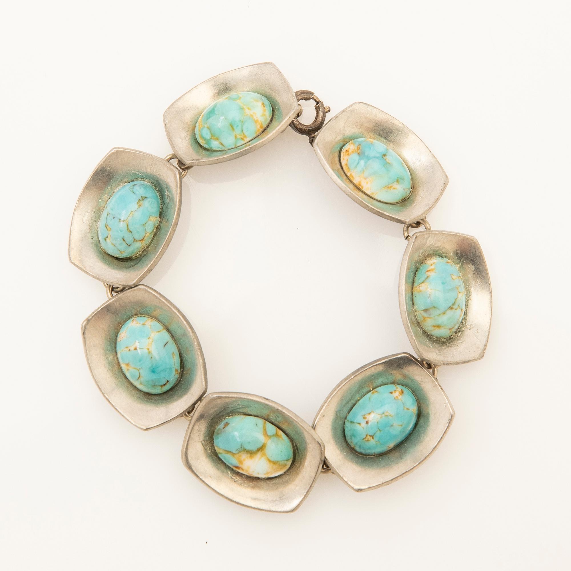 Bracelet, tin with turquoises, Denmark.