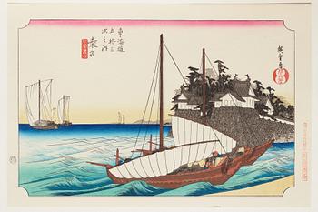 ANDO HIROSHIGE, senare avdrag, mapp, "The fifty-three stations on the tokaido", utgiven av Kata Hanga Kenkyujo.