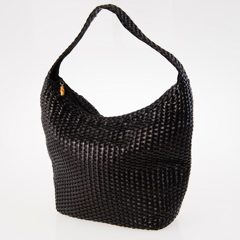 GUCCI 1980s Black leather Woven Hobo Bag.