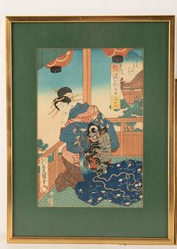Utagawa Kunisada, färgträsnitt, tre stycken, Japan.