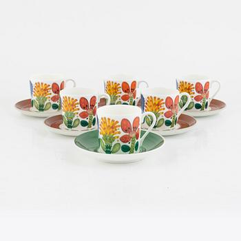 Stig Lindberg, 6 st kaffekoppar med 1 fat, benporslin, "Tahiti", Gustavsberg, 1970-tal.