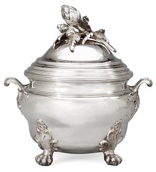 A Louis XV 1740's silvered brass/argent haché tureen with cover stamped with C couronné.