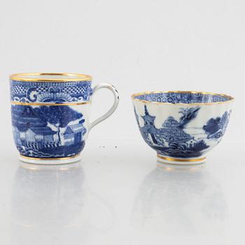 Three small porcelain plates and a cup with saucer, China, 18th century, and an English 19th century cup with saucer.