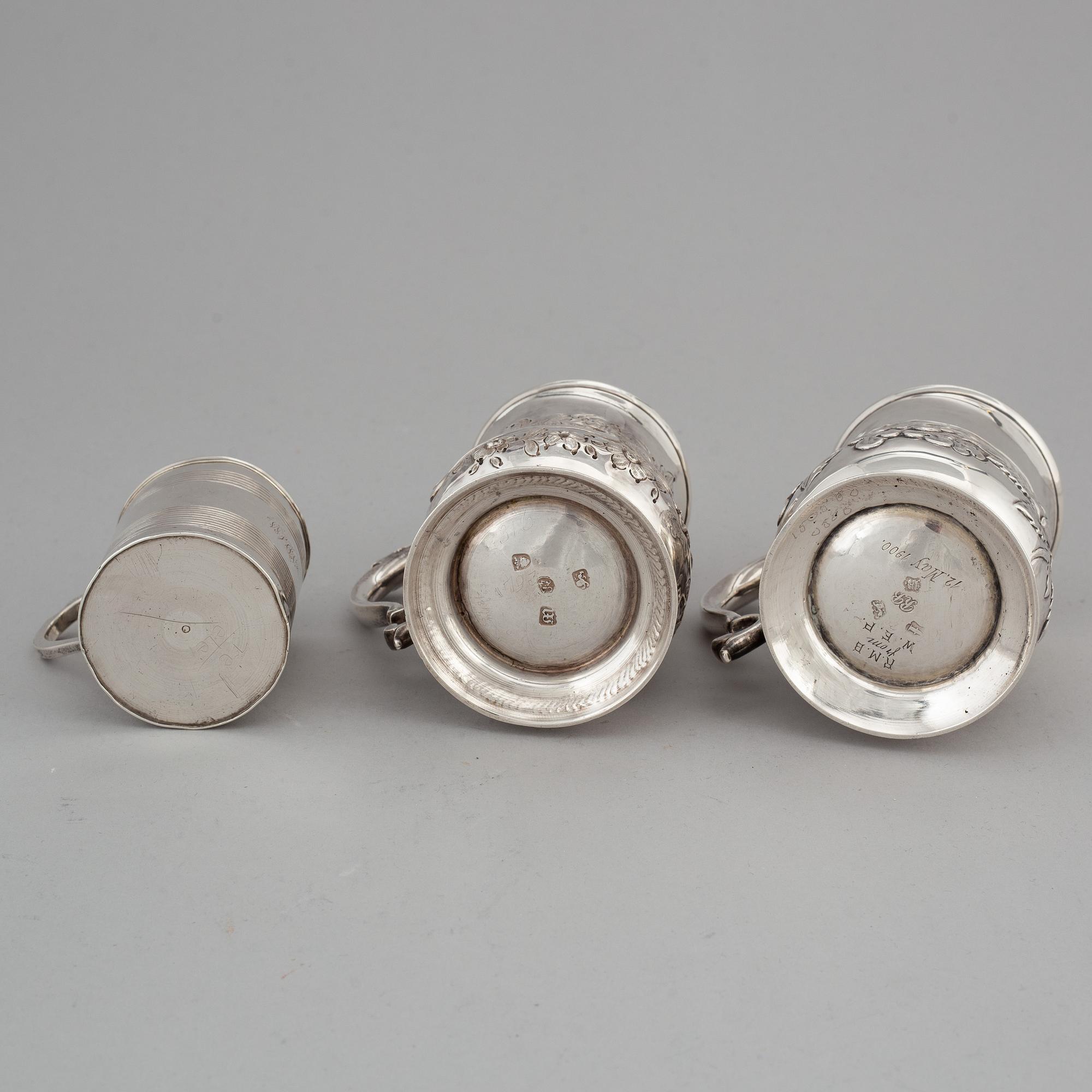 Three silver jugs, London 1743, 1767 and 1805.