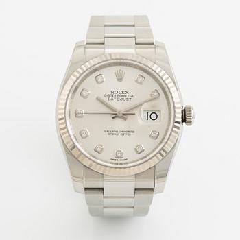 Rolex, Oyster Perpetual, "Silver Diamond Dial", Datejust, wristwatch, 36 mm.