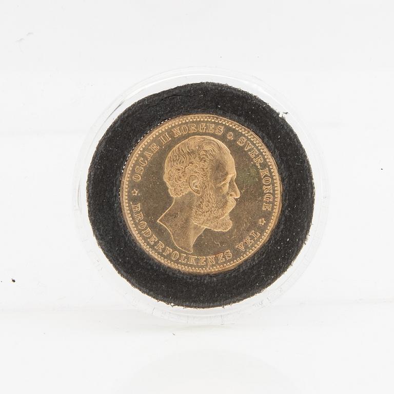 Guldmynt Norge, Oscar II 20 kr 5 Speciedaler, 1874.