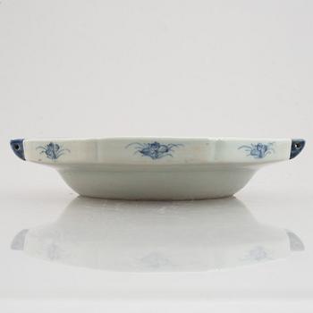 A blue and white warm water plate, a low bowl and a serving dish, China, Qing dynasty, 18th-19th century.