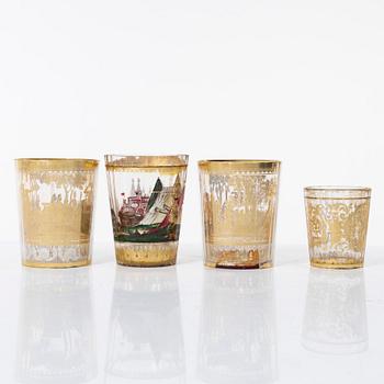 Four zwischengoldglas glasses, three of historic style from around the year 1900, one older.