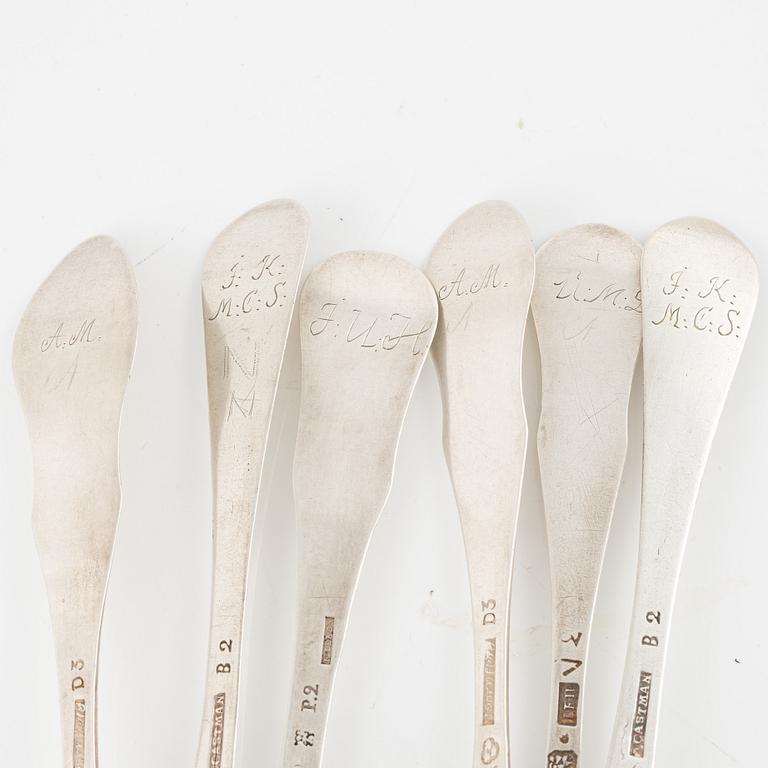 Six Swedish silver table spoons, 18th-19th century.