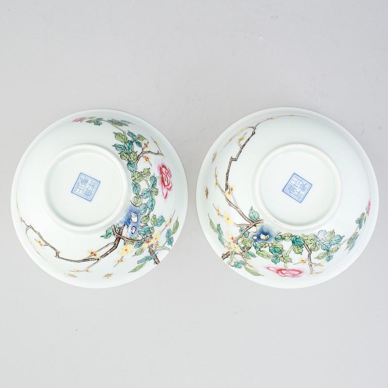 A pair of chinese famille rose bowls, with Yongzheng four character seal mark. Modern production.