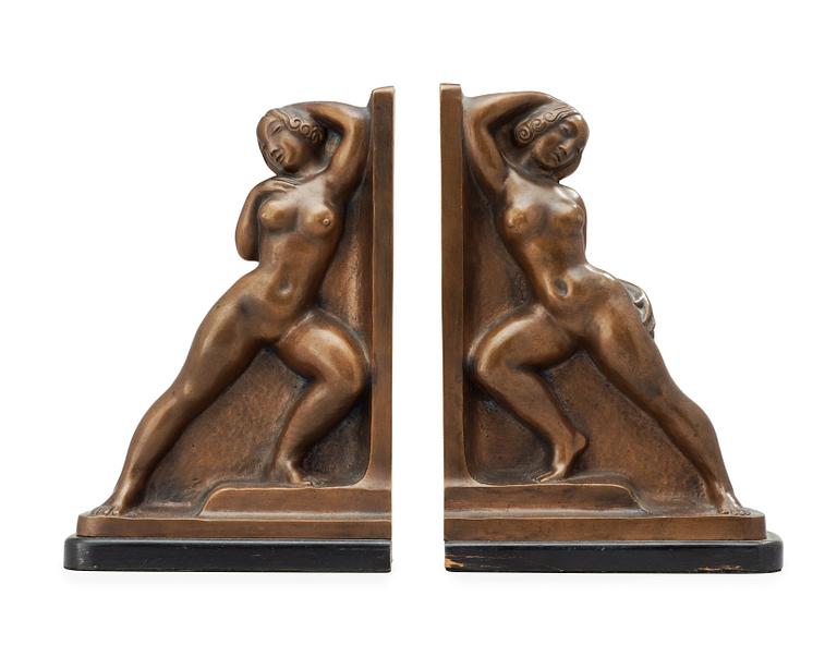 A pair of Axel Gute bronze bookends, Stockholm 1920.