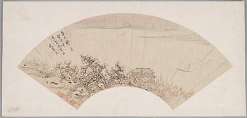 Oidentifierad konstnär, s.k. "Solfjädersmålning", Paviljong i kustlandskap, Kina, 1900-tal.