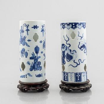 Two Chinese blue and white porcelain hat stands, Qing dynasty, 19th century.