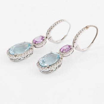 Aquamarine, pink sapphire and brilliant-cut diamond earrings.