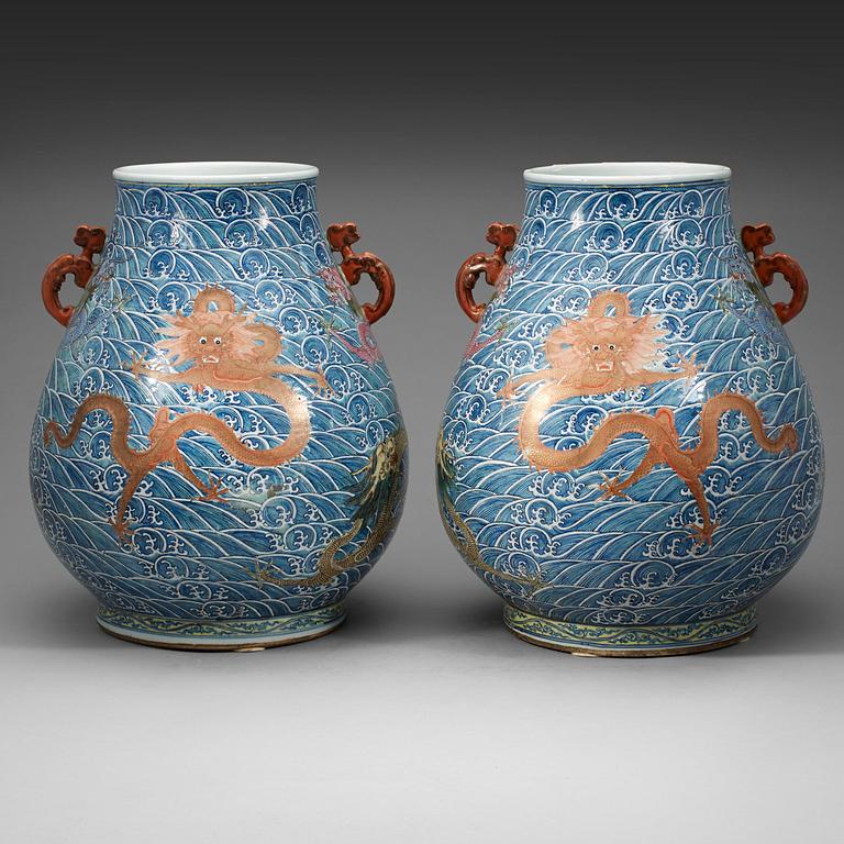 A pair of large enamelled vases with five clawed dragons, presumably late Qing dyasty with Yongzheng mark.