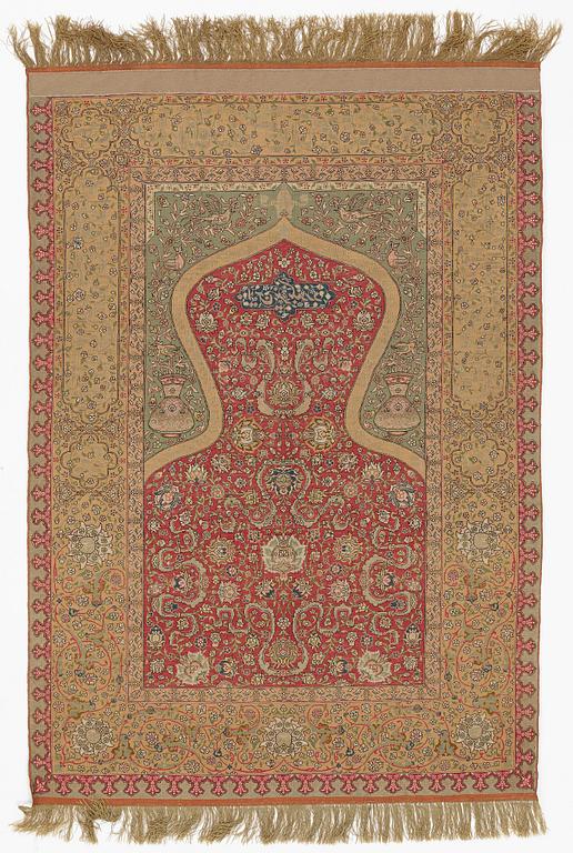 A rug, an antique Kum Kapi with metal brocade, Istanbul around 1910, "Sultan's Head Prayer" design.