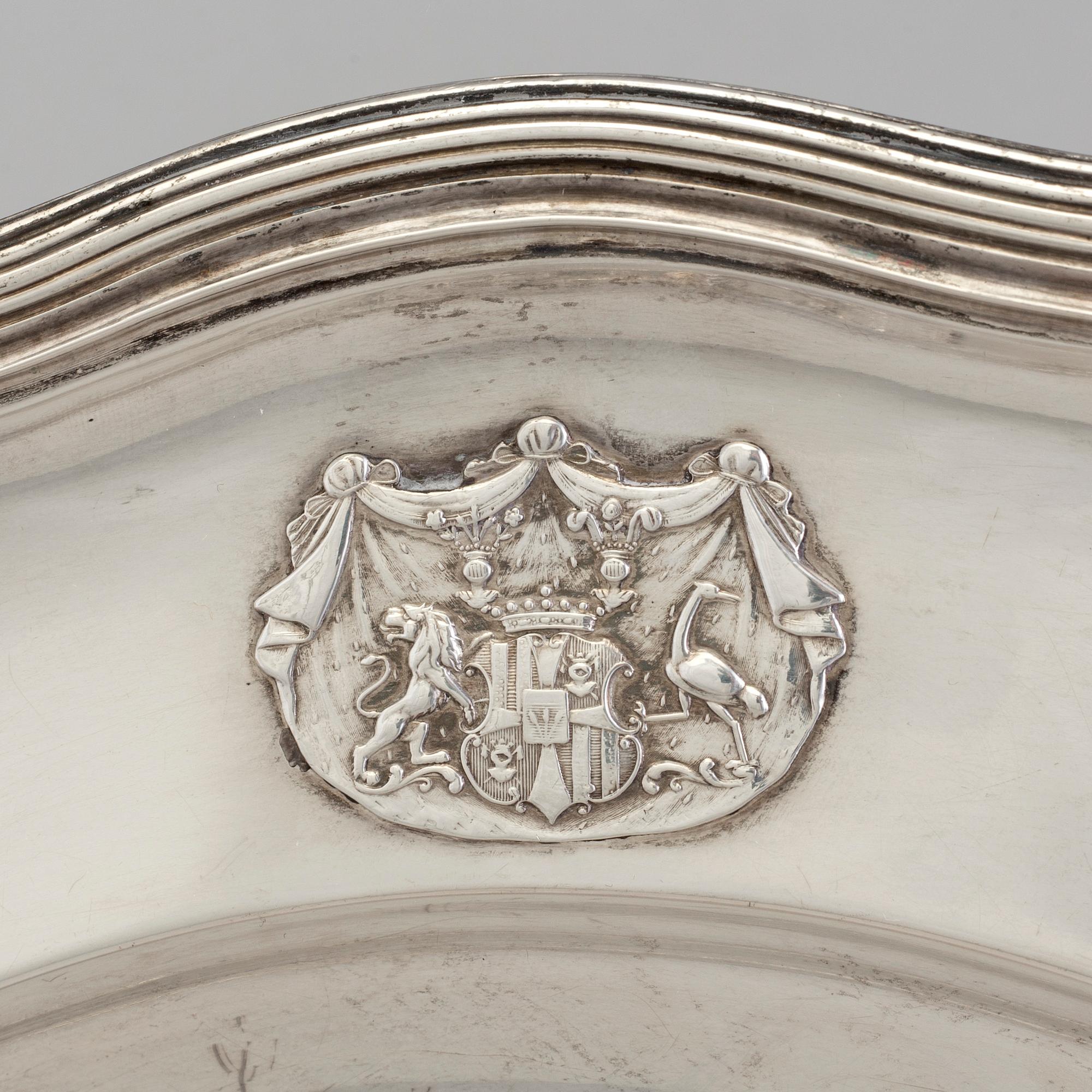 A Swedish silver dish with the family crest of Åkerhielm by Gustaf Möllenborg in Stockholm 1850.